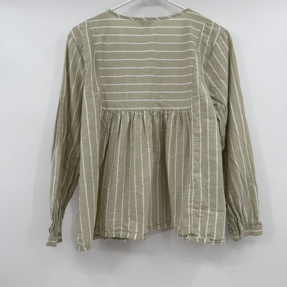Lucky Brand Top Women Medium Green Beige Long Sleeve Stripes Tie Front Keyhole - Picture 5 of 10